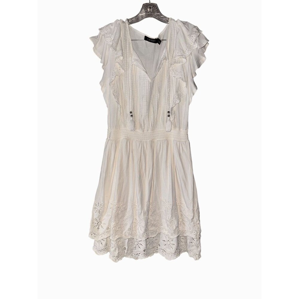 Black Label Lauren Ralph Lauren White Eyelet Ruffle Dress Size 8 Cotton Blend Wo - Picture 1 of 9